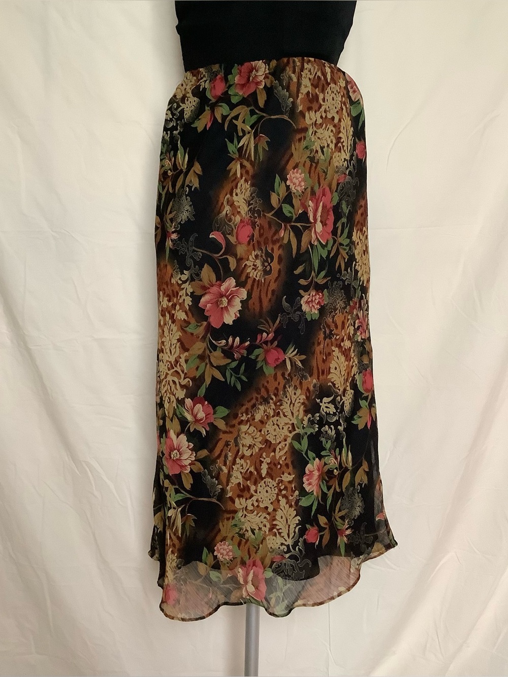 Chadwicks Midi Skirt-Black w/Rust Tan Green Flowers-Lined-Sheer-Stretch Waist-6P